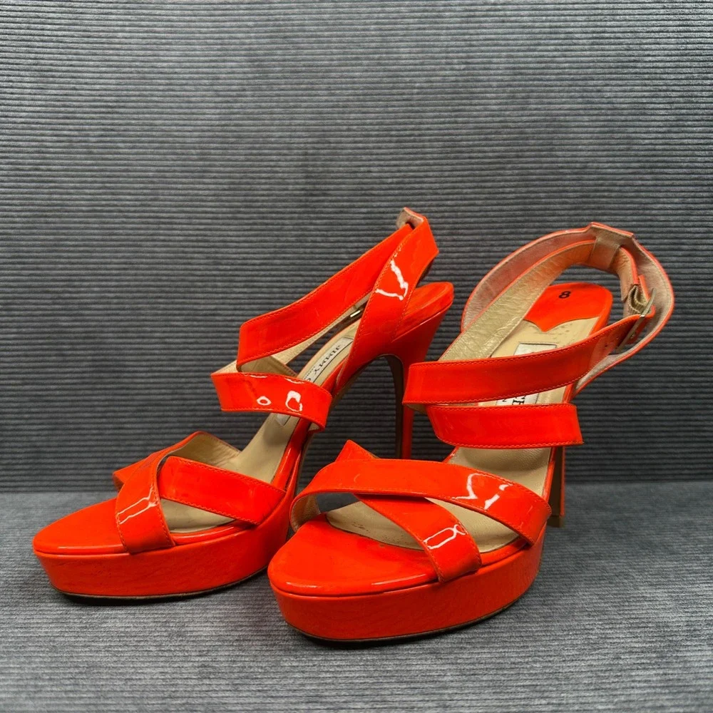 Jimmy Choo‎ Vamp Neon Orange Patent Leather Platform Sandals Stiletto Heels 38